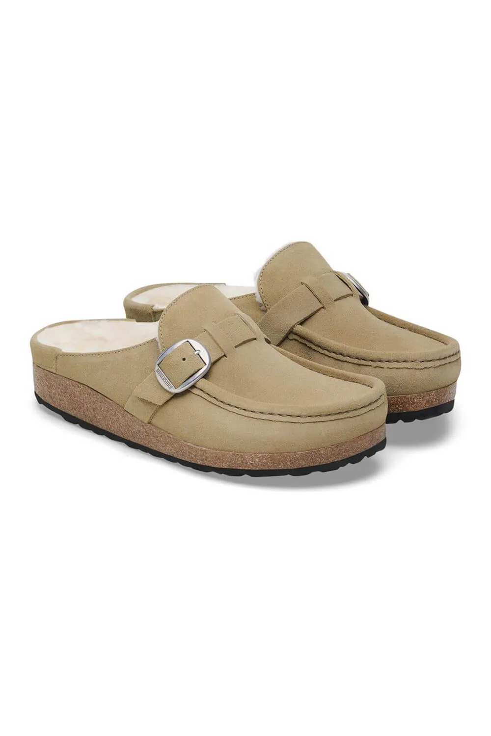 Birkenstock Buckley Shearling Suede Mules for Women in Taupe | 1028633