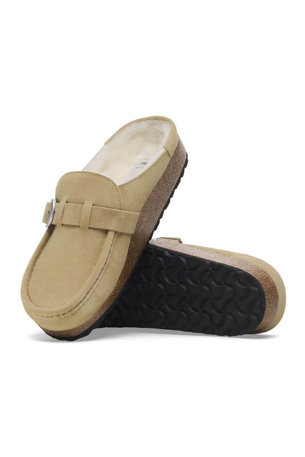 Birkenstock Buckley Shearling Suede Mules for Women in Taupe | 1028633