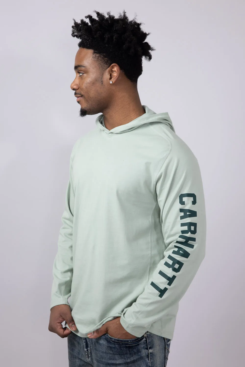 Carhartt Force Relaxed Fit Midweight Long Sleeve Logo Hooded T-Shirt for Men in Sage | 106654-G17-SAGE
