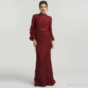 Long Sleeves Mermaid Muslim Fashion Elegant Tulle Formal  Evening Gown Dress