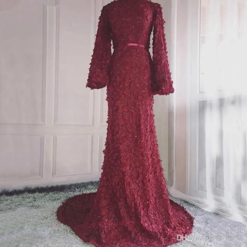 Long Sleeves Mermaid Muslim Fashion Elegant Tulle Formal  Evening Gown Dress
