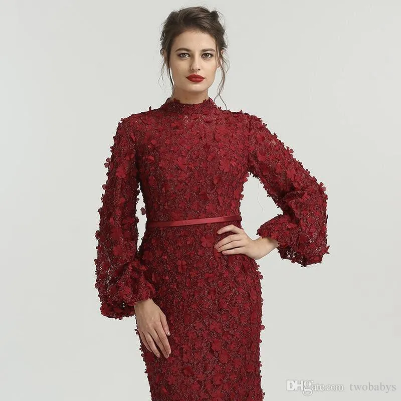 Long Sleeves Mermaid Muslim Fashion Elegant Tulle Formal  Evening Gown Dress