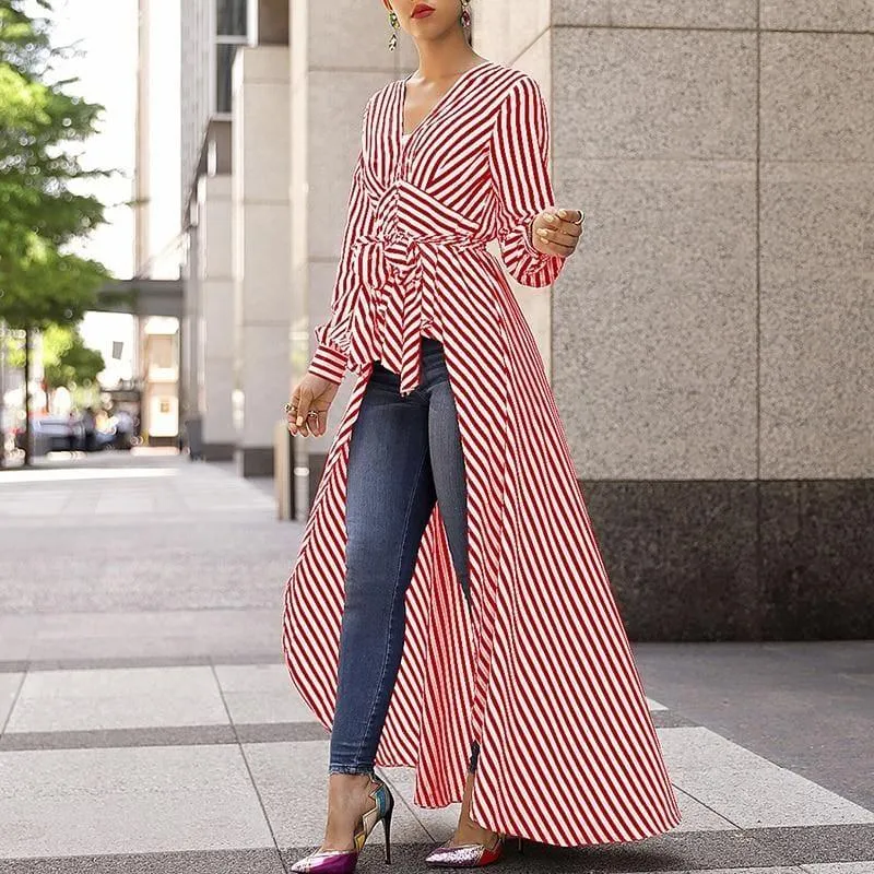 Long Tail V-Neck Top Striped Tie Waist Dip Hem Irregular Blouse