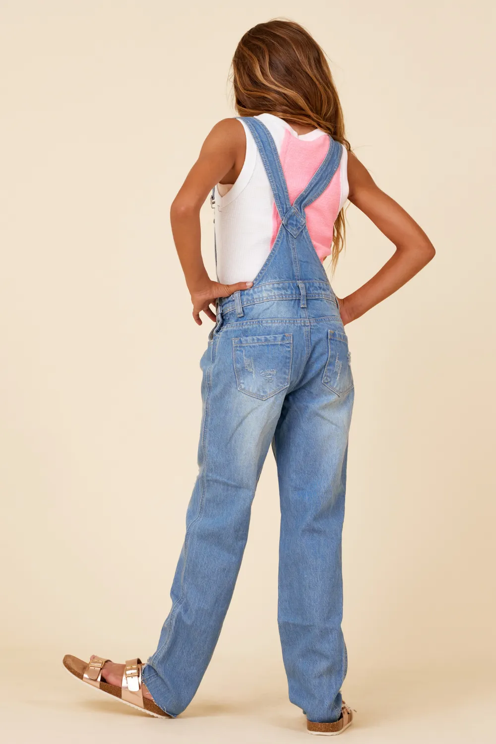 Medium Acid Distressed Denim Overalls