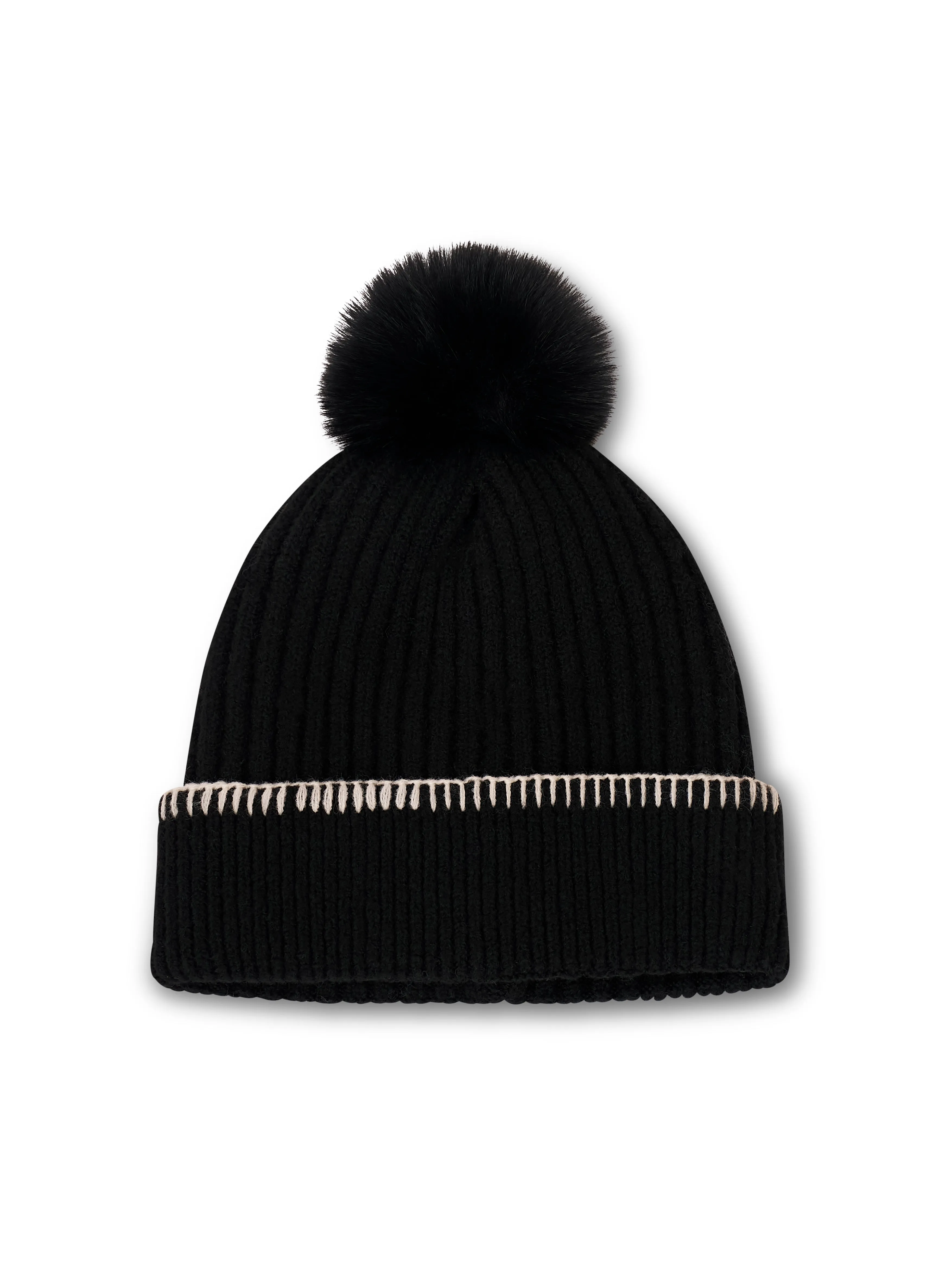 RIBBED POMPOM BEANIE - BLACK/IVORY