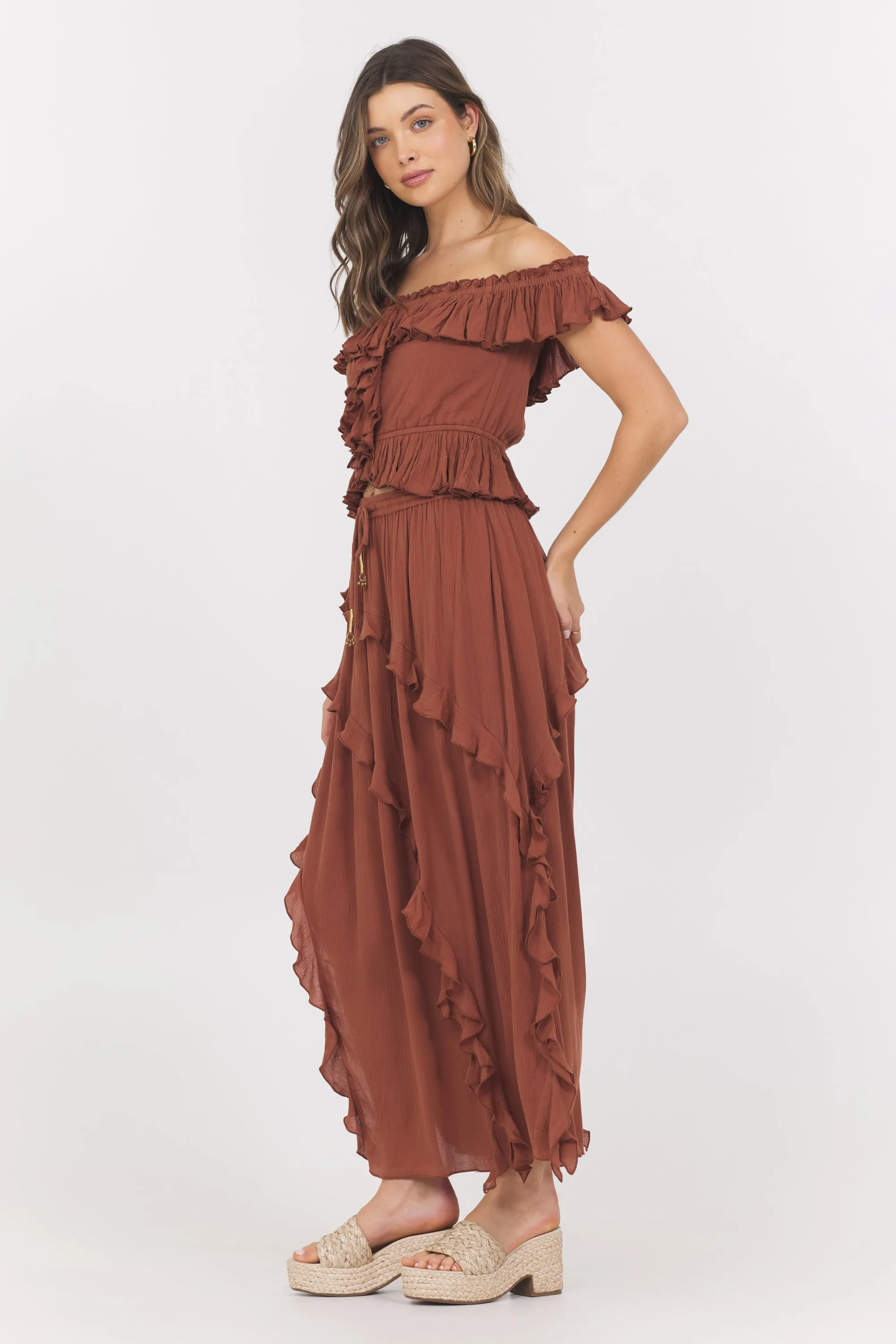 Sedona Sand Ruffle Off Shoulder Top
