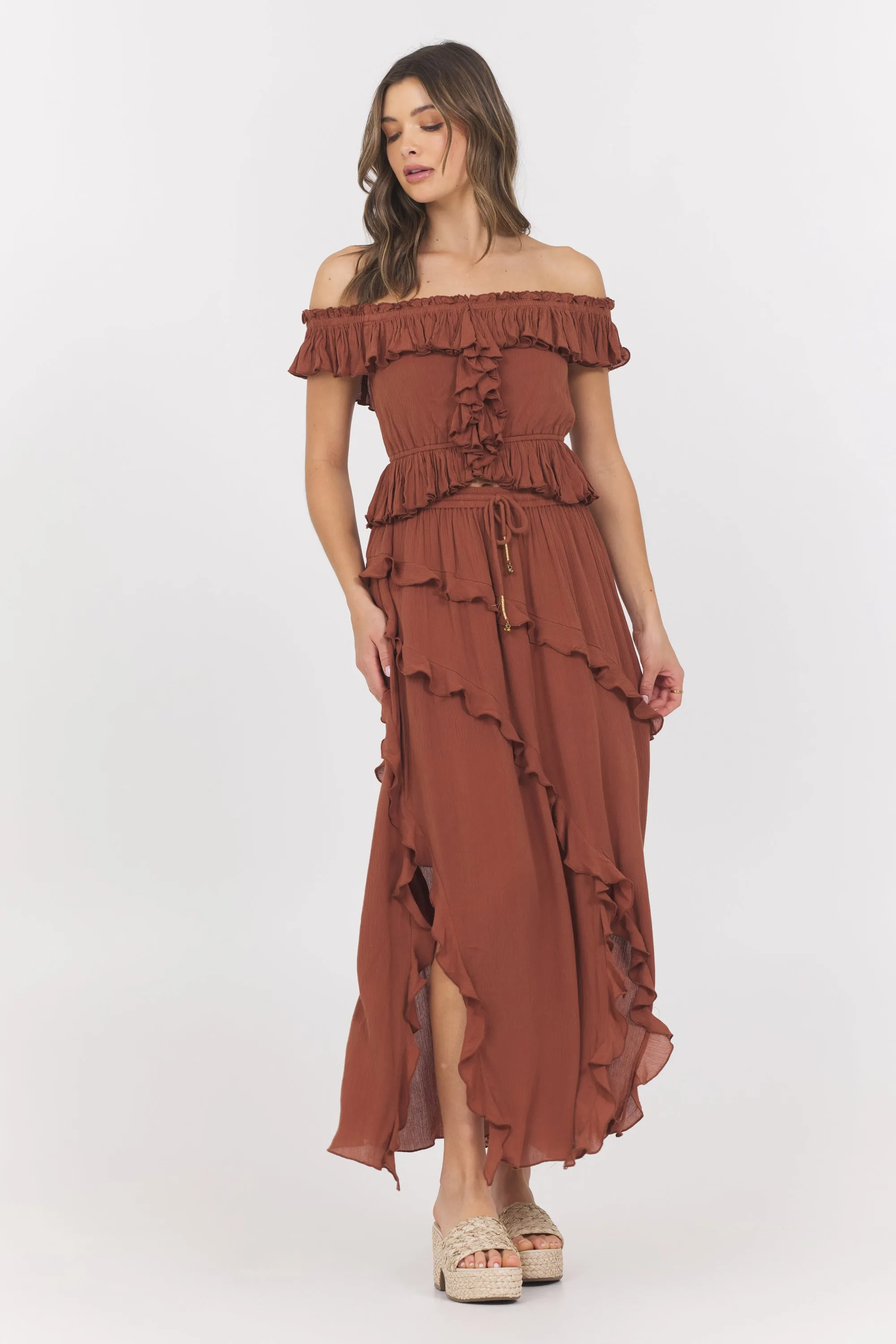 Sedona Sand Ruffle Off Shoulder Top