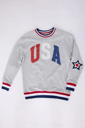 Simply Southern Youth Sequined USA Varsity Crew Sweatshirt for Girls in Grey | 0125-YTH-CRW-VRSTY2-GRYUSA
