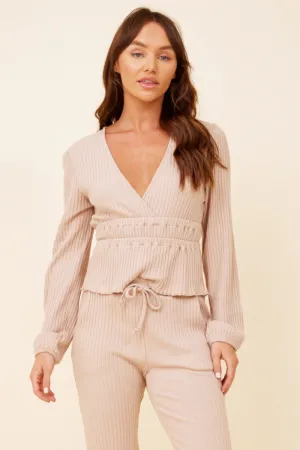 Taupe Surplice Ribbed Long Sleeve Top