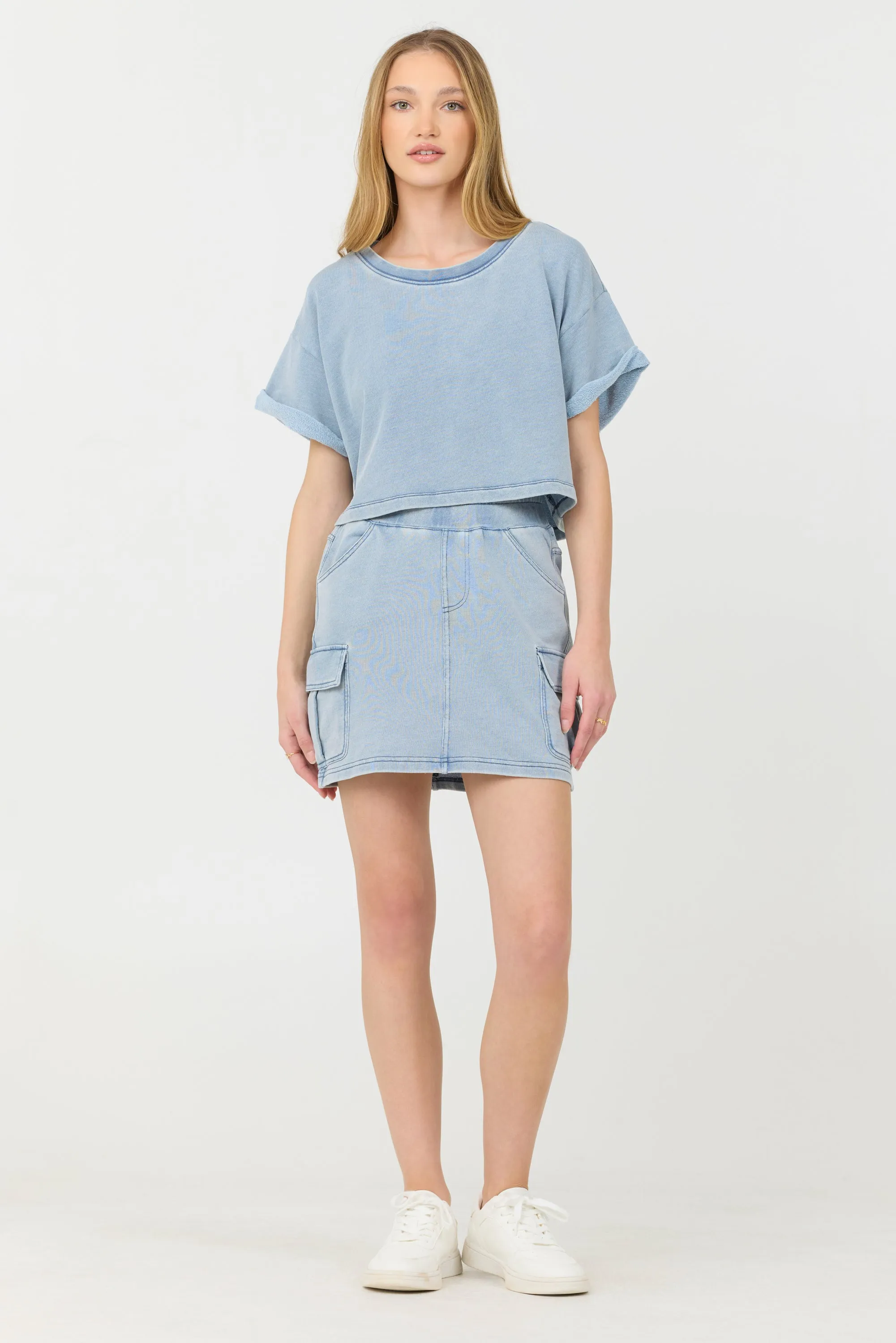 Washed Denim Terry Fleece Cargo Skirt