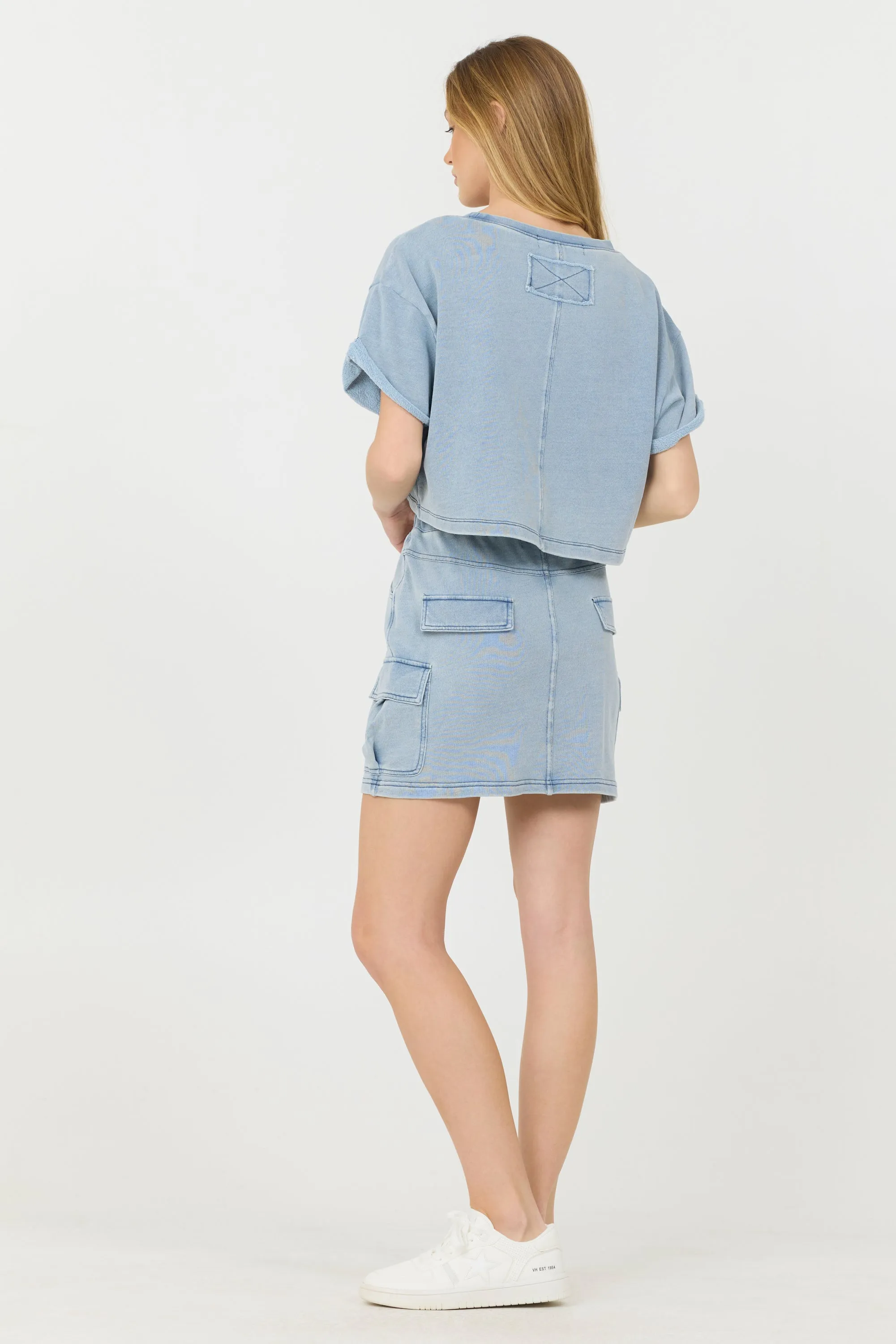 Washed Denim Terry Fleece Cargo Skirt